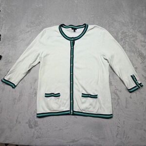 Vintage 2000s Talbots White Cotton Striped Cardigan Pearl Button Sweater L